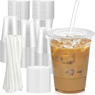 100 Pack - 16 oz Clear Plastic Cups with Lids and Straws, Sturdy & Food Safe Iced Coffee Cups with lids, Iced Coffee Cup, Disposable Cups Plastic Coffee Cups Smoothie Cups for Cold Drinks