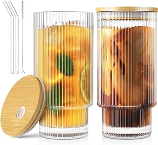 16OZ Glass Cups with Lids and Straws, Vintage Ribbed Glassware for Whiskey Cocktail Beer, Iced Coffee Cups with Lid, Glass Tumbler with Straw and Lid (2 PACK)